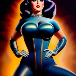 Ultra detailed fullbody Portrait in oil on canvas of Retro Futuristic Pin-Up,busty, wearing minimal skintight suit,intense stare,wearing tight corset,extremely detailed digital painting, extremely detailed face,crystal clear Big eyes, mystical colors ,perfectly centered image, ,perfect composition, rim light, beautiful lighting,masterpiece,16k, stunning scene, raytracing,anatomically correct, in the style of robert e howard and Ken Kelley and Ohrai Noriyoshi and Simon Bisley