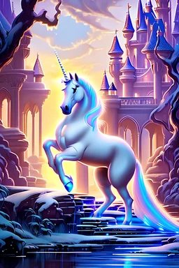 A beautiful story book image of a proud white unicorn stallion in front of a beautiful fantasy Disney palace in an enchanted magical forest by Mark Brooks and Dan Mumford, eight year old's story book art