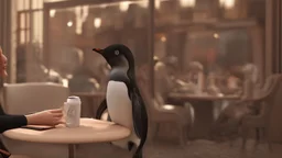 young woman talk to a penguin in coffee-shop