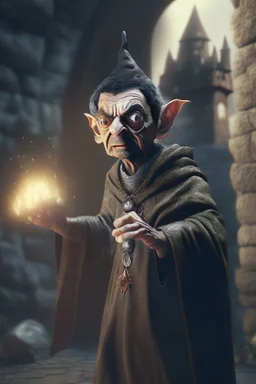 photorealistic, mr bean as robed goblin shaman wielding morning star in dark stone castle, 4 k, trending art, depth of field, volumetric light