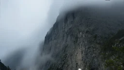 a massive sheer mountain cliff scaling vertically into the sky, partially obscured by dense clouds and mist. the borders — top, bottom, left, and right — fade smoothly into thick fog, while the center reveals the steep, rocky cliff face with fine texture and detail. atmospheric lighting, cinematic composition, natural colors, high contrast between fog and stone.