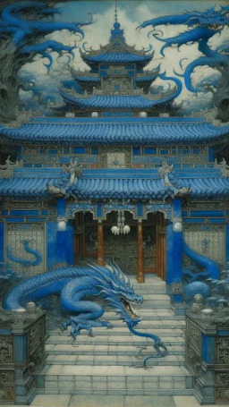 An indigo blue palace with a dragon guarding it painted by Zhang Lu