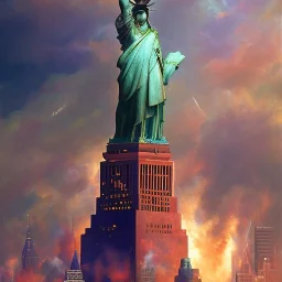 Steampunk scene of futuristic Liberty Statue of New York, masterpiece , portrait ,in the style of John Berkey