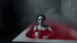 monochrome photo of very blur face sad pale woman sitting in bath tube around her red water, in bath, blur fog, background in corner stands one black demon shadow, dark gray old wall, darkness around, sad, surreal dark vibe, dark colors, in wall opened deep crepy abyss, splash art, cinematic, depressive vibe