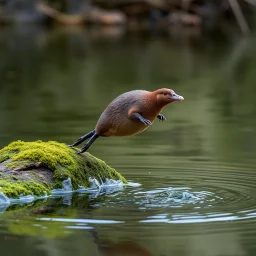 fast shutter speed digital photography, duck billed platypus in mid-air jumping from a moss cover log into a small primordial river pool, stunning nature photography,