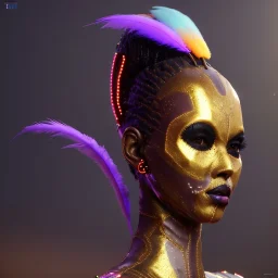 pretty senegal cyber woman, cold ambient, latex, cables, purpurin, blood, black, gold, piercings, brown, decorative color feathers, circuits, neon style, a lot of led lights, fog, rain, vibrant color, highly detailed, art stations, concept art, smooth, unreal engine 5, god rays, ray tracing, RTX, lumen lighting, ultra detail, volumetric lighting, 3d, finely drawn, high definition, high resolution.