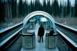 Subject( A centipede bug train robot cyberpunk futurism), Location(A forest with a futuristic train station, Forest, Alberta, night, Feb, 1994), Frame(wide shot of passenger facesinterior train), Cam( Nikon, R3, anirmorphic lens, extreme bokeh blur, analog film grain,fuji film, color fading, film scratches, mold, vinegar syndrome, dirt, dust, emulsion damage, water damage, film tears, Cinemascope mumps, gate hair)