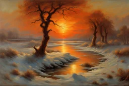 Amazing wonderful sunset, ice, cosmic fantasy winter, epic, vegetations, mountains, sci-fi movies influence, pieter franciscus dierckx, and charles leickert impressionism paintings