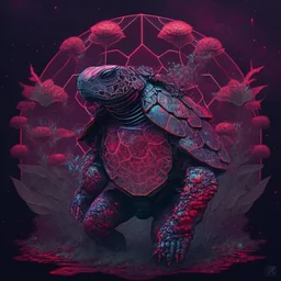 spatial turtle samurai iridescent, blood, futuristic, guts, wildflower, cosmic, intricate, darkred tones,sidhe, ominous, nature, plants,