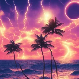 1980's vaporwave aesthetic palm trees with lightning with solar eclipse in the ocean waves sunset