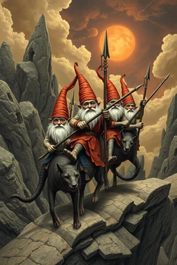 gnomes riding cats with lances in the style of Escher and Giger