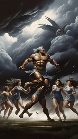 Giant man with wings kidnapped and Cary some women other women are running away from the giant hi resolution picture with cloudy storms and lightning