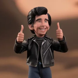 wide view young Fonz with black hair greaser figure doll 1974 (thumbs-up) (face) Forehead grin, fonzarelli, ((arnold's drive-in)) fonziE fonz