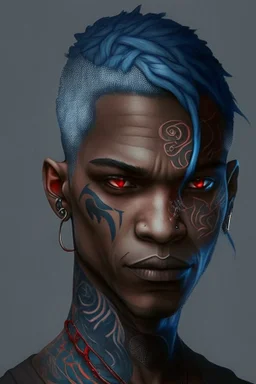 Brown skin, red eyes, straight short blue-grey hair, snake tattoo on neck, black clothes