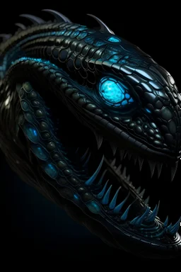 the alien obsidian scales reminiscent of a deep-sea abyss, with luminescent bio-luminescent patterns.eyes, intense and haunting, glow.tendrils extend from their body.crystalline teeth protruding from various parts of their form