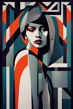 A close-up portrait in a geometric style with hard edges and sharply contrasting colors.