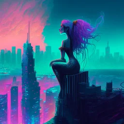 A mermaid perched atop a skyscraper, looking out at the towering neon buildings that jut out of the polluted, smog-filled horizon.