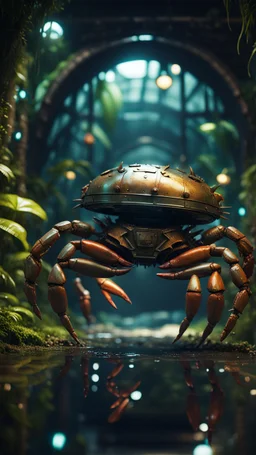 crab knight in dark lit reflective wet jungle metallic hall dome hotel tunnel, in the style of fallout 4 game,bokeh like f/0.8, tilt-shift lens 8k, high detail, smooth render, down-light, unreal engine, prize winning