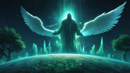 matrix universe, space, planets, god creation, angels from other dimensions with beautiful wings, trees on the planet, behind green crystals of light, few tiberium monolith deposits on the planet near tree,