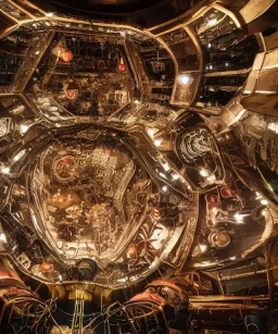 Inside futuristic steampunk space ship with Christmas decorations