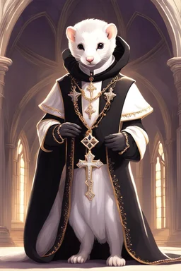 (anthropomorphic white ferret),dressed in ((cleric fantasy)) black clothes with silver holy ornaments, realistic anatomy, posing, cute face, fantasy inspire, fantasy church on background with warm sunshine lighty from behind, gloomy atmosphere, (((high angle shot))), purple armband, The holy icon style, RTX, praying, close eyes