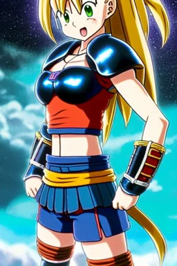 In the style of Toriyama, hyper detailed, strikingly beautiful teen female, 16 years old, long ponytail, ginger hair, green eyes, medium freckles, full lips, micro top, black leather armour lined with fur, full body, full face, tiny breasts, athletic, centred camera, ignore NSFW, thong, camel toe, athletic