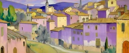A light purple medieval village covered in paint in art deco style painted by Edgar Degas