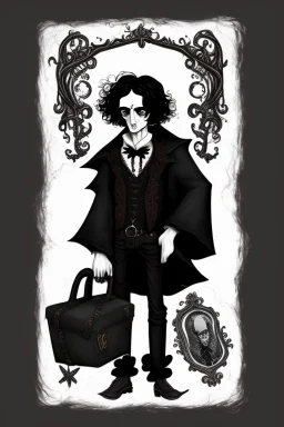 black haired black eyed young man necromancer wizard Gnome that looks like a young Edgar Allan Poe with gothic jewelry in the style of Charles Addams