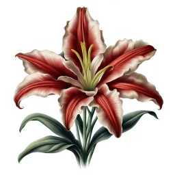 Western Red Lily reference illustration on white background, vignette