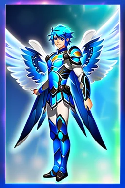 a human male with blue short hair and blue wings in an assymetrical armor with geometric patterns and a book in hand