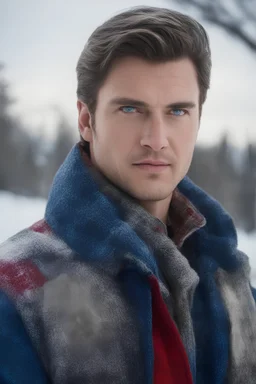 Blue eyes, close-up facial portrait - a Bright, well-lit UHD, 1080p 32k, photograph - winter time, hunting season, part Jesus Christ, part Elvis Presley with a mustache and short crew-cut hair, part Lee Majors, Part red and black checkered wool coat, blue jeans, cowboy boots, plaid shirt, sunbursts, crosses, 3D lighting, diamonds, hearts, Butterflies, Clovers, Roses, extremely colorful,