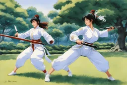 (in the style of Orion, by Masamune Shirow) Two women exercising with weapons to practicing the art of Tai Chi and Qigong in the park