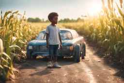 a little black boy standing happily next to a plastic bottle car made of several plastic bottles on a dirty road next to a corn field in sunshine, ethereal, cinematic postprocessing, bokeh, dof