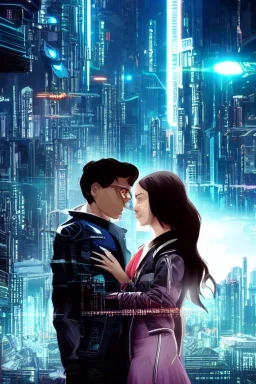 Science fiction, cyberpunk, city, couple girl and guy, together, love at first sight