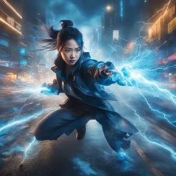 Photorealistic image of a fierce young Chinese woman in modern clothing style, dynamic pose, shoots a stream of blue lightning from her hands, in the middle of a city street, the girl is surrounded by many blue lightning, bioluminescent and magic dust. The image has vibrant colors, vivid contrasts and detailed octane rendering. Epic. Cinematic. Creative lighting.