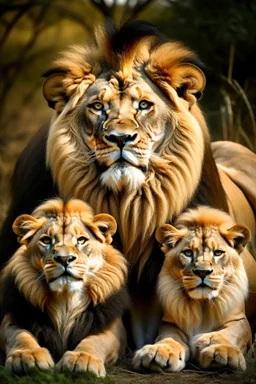 Generate an image of animal lion with his children