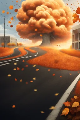 top right corner is a nuclear explosion cloud, top of explosion looks like a autumn tree full of leaves, add leaves falling everywhere in foreground, bottom 2/3 is a road through a road, a wind is blowing away from the tree. a commercial building is on the middle left