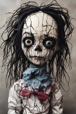 full color, illustration of a dark, menacing, monster girl, as a decayed, broken, crude homemade cloth doll toy, with a narrow cracked porcelain face, thick dark eyebrows, hair made from ragged strips of cloth, in the style of Alex Pardee, Tim Burton, and Nadya Sheremet