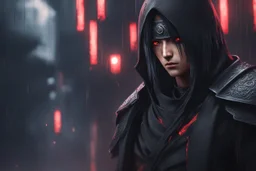 Itachi Uchiha in 8k nier automata artstyle, Uchiha ninja Custom, neon effect, close picture, rain, dark souls world, intricate details, highly detailed, high details, detailed portrait, masterpiece,ultra detailed, ultra quality