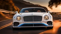 A sleek white shiny (((electric bentley))), its contours and details perfectly captured in a (((cinematic view))), zipping along a winding road under a beautiful blue black night sky