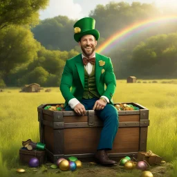 Pablo Schreiber as the Leprechaun sits on an open treasure chest in a field, a rainbow reach the chest, he is happy