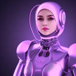 Cute hijab woman in a robotic suit,purple and pink backlight, profile