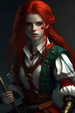 Human, 19yo girl, redhair, medieval, fantasy, clown suit, belt with dagger