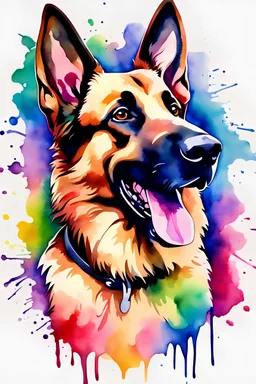 Masterpiece watercolor painting of a german shepard, simple logo background, watercolor painting STYLE, ultra detailed character, joyful lighting, vibrant rainbow color scheme.