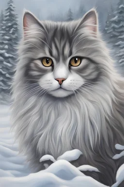 Fluffy cat, long fur, very detailed, big eyes, realistic, fine art, winter time, snow scene in background, standing sideways