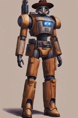 A Star Wars Combat Droid, Wearing Western Cowboy Clothes, Armour looks like Halo, Wearing a cowboy hat and a Cowboy Over-Coat.