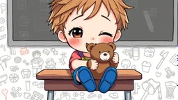 detailed digital art style, cute anime, detailed chibi face with smile, sitting on school desk in hand a bear toy, in colorful t-shirt and short paint and blue shooes, , messy hair random drawing background, child book style, highly detailed, no photorealism