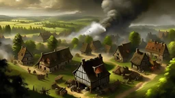 A medieval European Hamlet being raided, smoke, wooded countryside, farmland ,realistic, medieval, painterly,