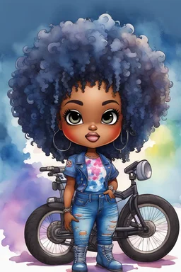create an watercolor illustration of a chibi cartoon voluptuous black female wearing a blue jean outfit with a tie dye tshirt with biker boots. Prominent make up with hazel eyes. Extremely highly detail of a tight curly black and shiny afro. Background of a bike show
