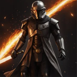 star wars bald male corellian pilot wearing pearlescent black and gunmetal grey First Order special forces heavy assault stealth commando armor and helmet with gold trim inside the jedi temple, hyperdetailed, dynamic lighting, hyperdetailed background, 8k resolution, volumetric lighting, light skin, fully symmetric details